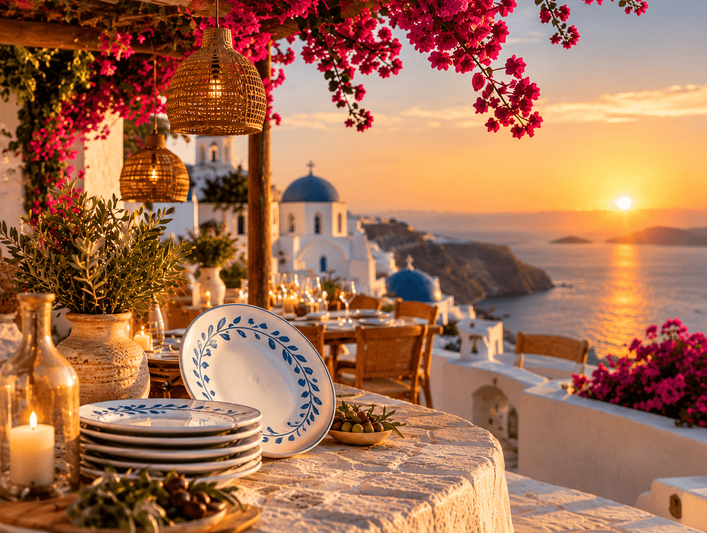 A Santorini terrace at sunset: a table set with blue-and-white Greek plates, olives and candles under bougainvillea, the sea beyond
