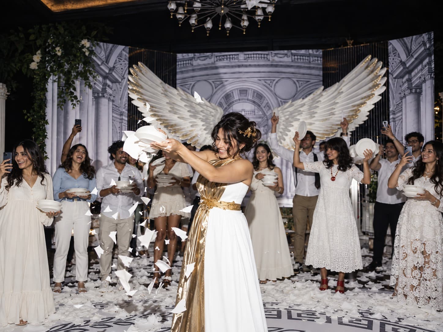 A bride in a white and gold gown smashes a plate as guests in white cheer, film on their phones and wait with plates in hand